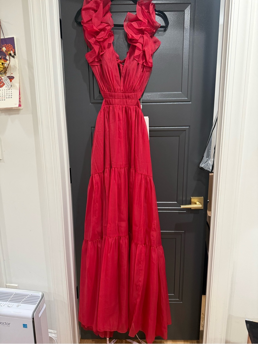 Mac Duggal Vibrant Red Ruffled V-Neck Tiered Maxi Dress